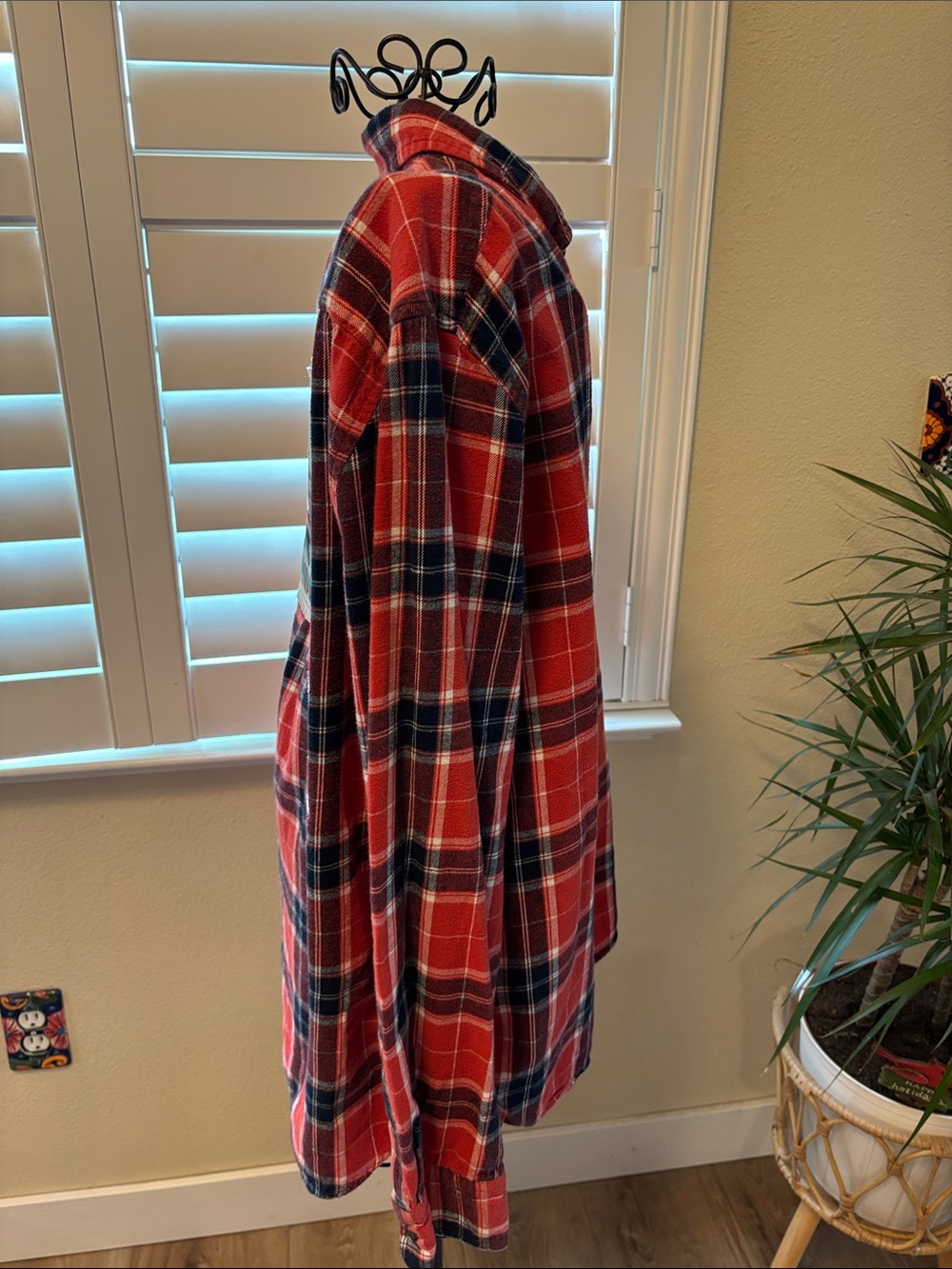 Handmade one of a kind Red Plaid Button-Up flannel with junkin queen Back Patch - Picture 2 of 5